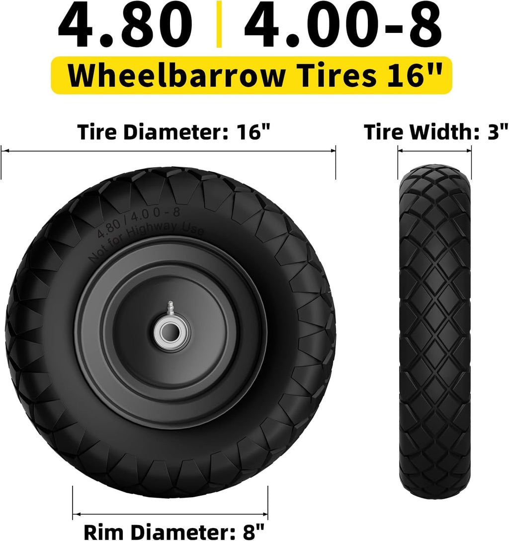 4.80/4.00-8 Flat Free Wheelbarrow Tire and Wheel, 16" Black 2-Pack