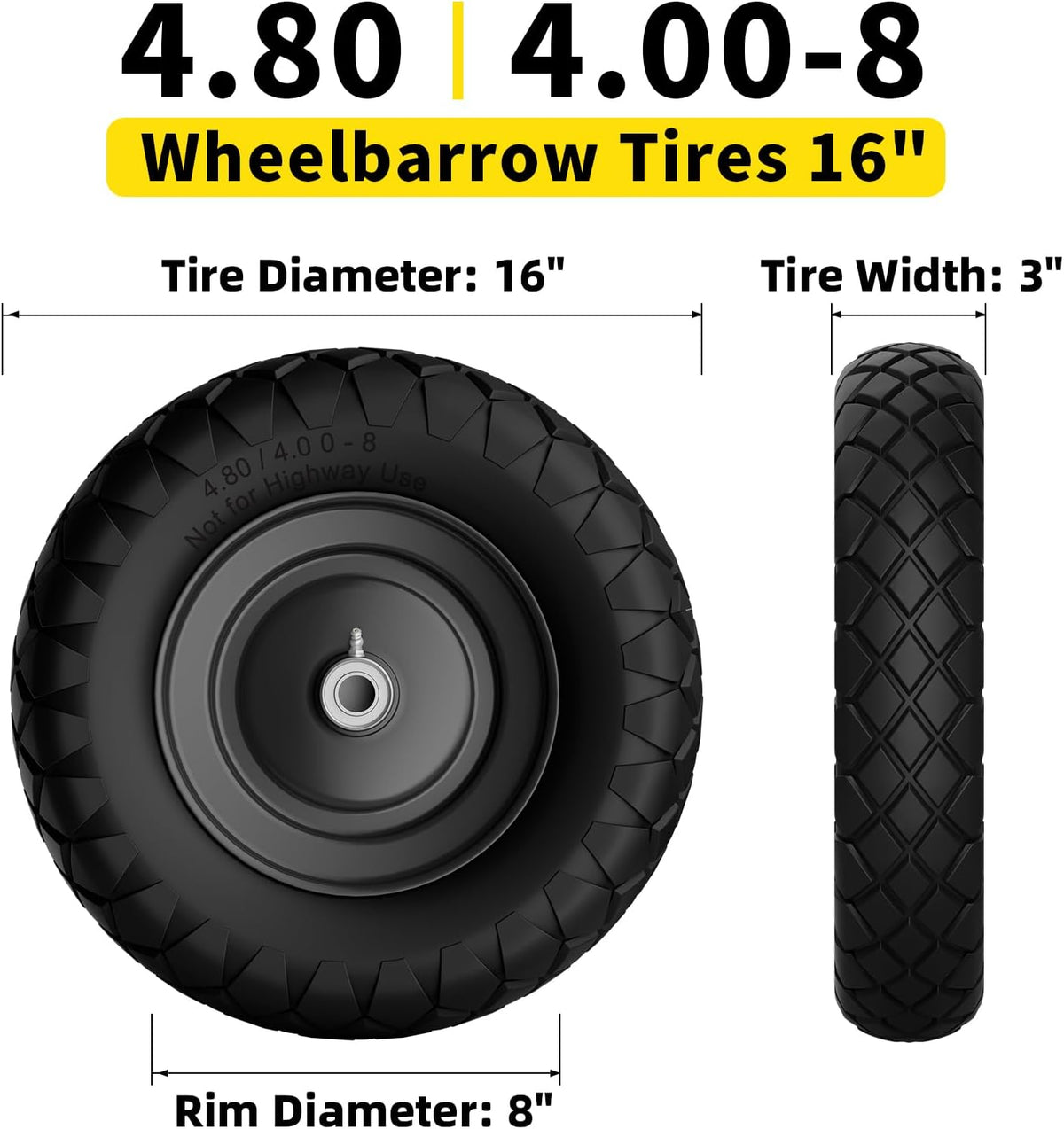 4.80/4.00-8 Flat Free Wheelbarrow Tire and Wheel, 16" Black 2-Pack