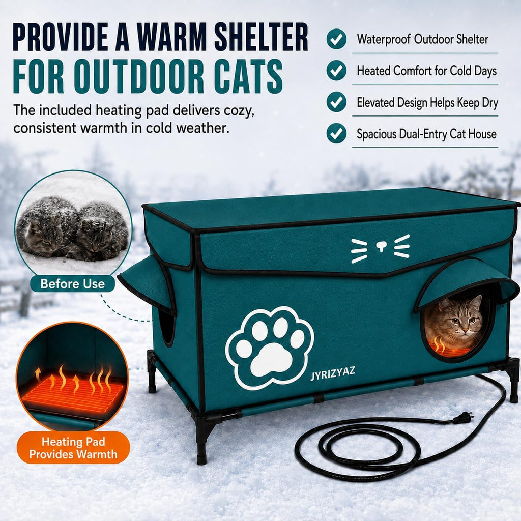 Heated Cat House for Outside, 36"x22"x21" Large Size Winter Insulated Waterproof Outdoor Cat House with Heating Pad, Elevated Weatherproof Feral Cat