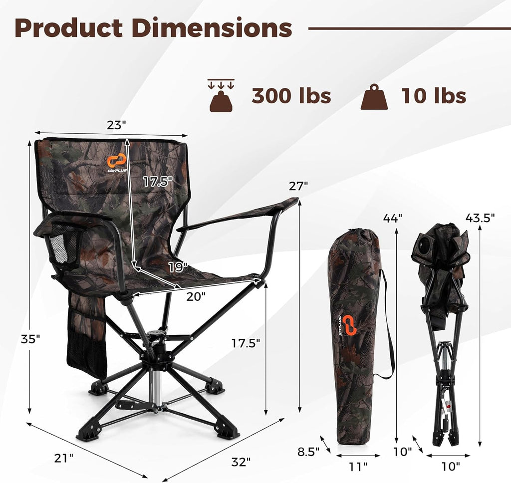 Goplus 360° Swivel Hunting Chair, Folding Hunting Blind Chair for Adults with Cup Holder & Carrying Bag, Lightweight Portable Camping Chairs for Lawn