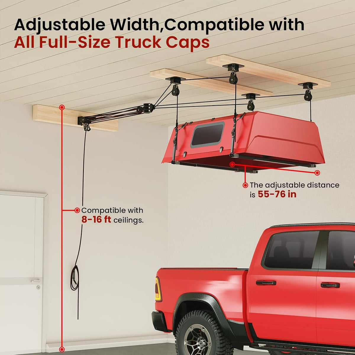 Truck Cap Hoist System for Garage Ceiling, Smart 4-Point Self-Leveling Garage Hoist with 8:1 Pulley Lift System, Easy One-Person Overhead Garage