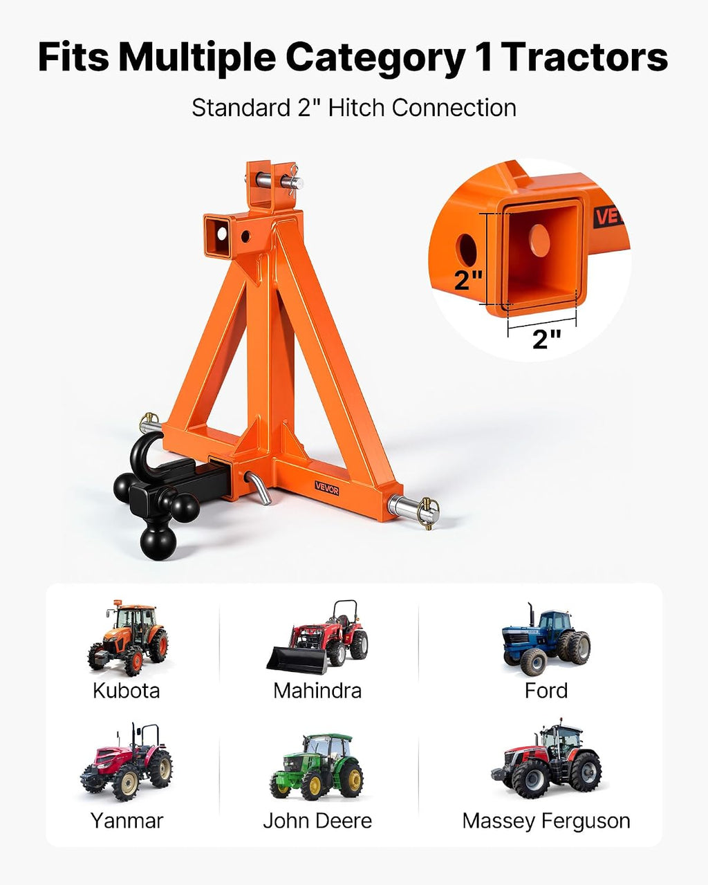 VEVOR 3 Point Trailer Hitch with 2" Receiver, 3 Pt Quick Hitch with 3 Trailer Balls, Tractor Tow Drawbar Adapter for Category 1, Kubota, Mahindra