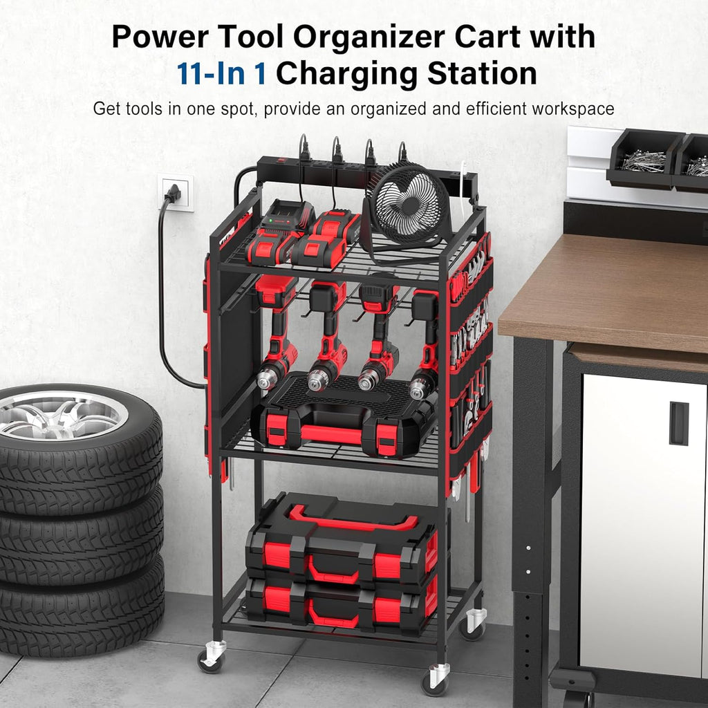 Power Tool Charging Organizer Cart, 8 Outlet 3 USB, 6 FT Cord, Red
