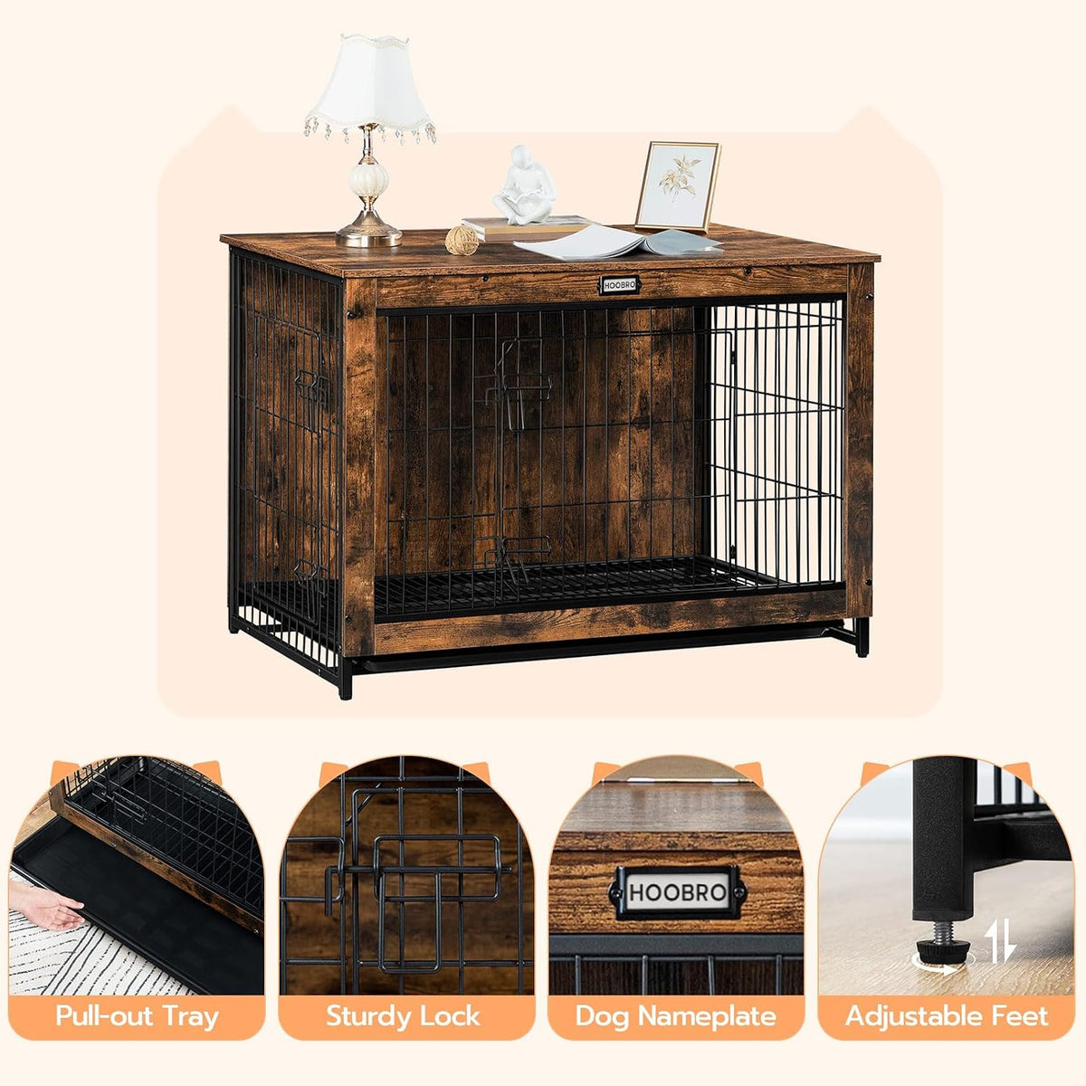 HOOBRO Dog Crate Furniture, 38.6" Large Dog Kennel Indoor, Wooden Cage with Pull-Out Tray, Double Doors Pet House Side End Table for