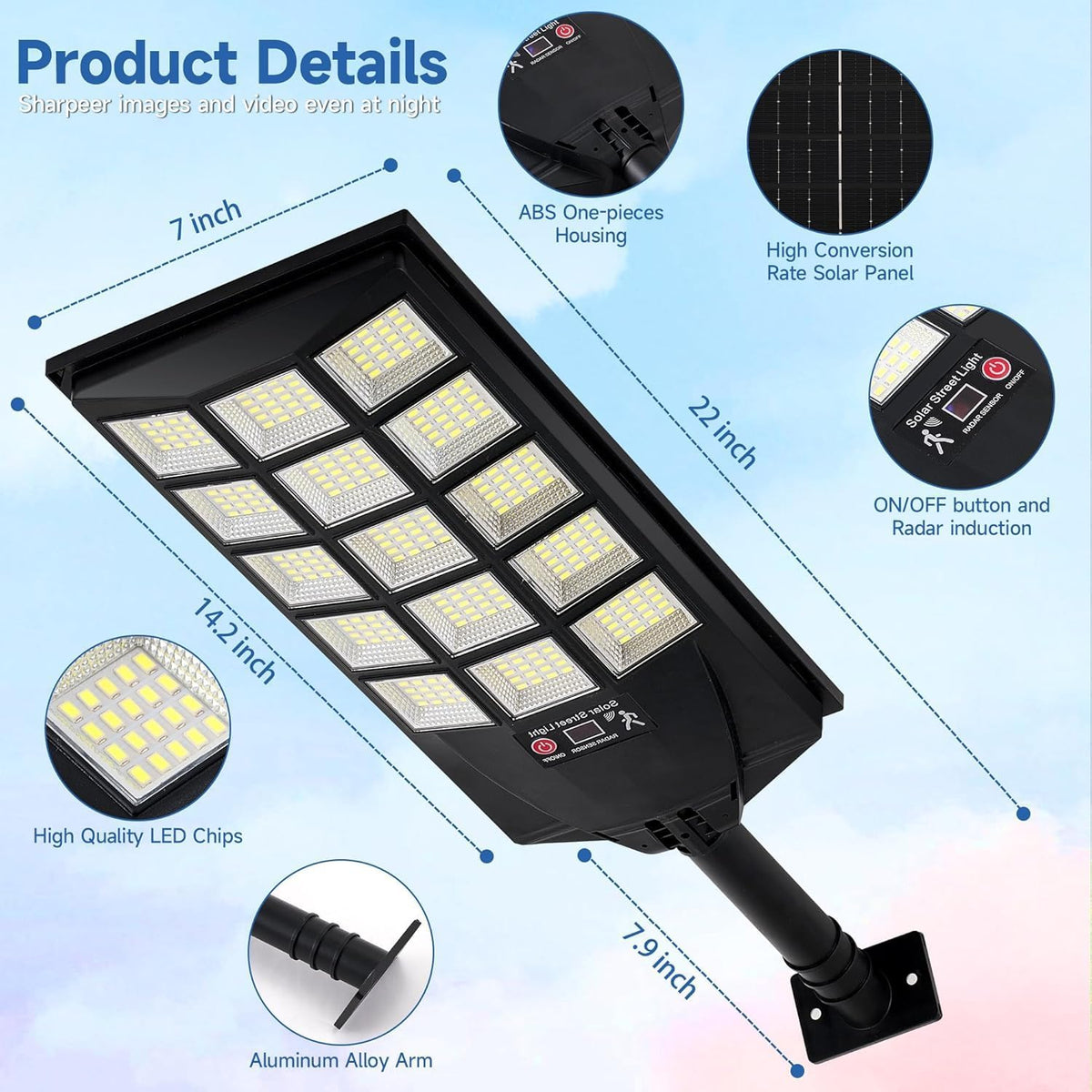 Solar Lights Outdoor Waterproof, 6500K Dusk to Dawn Solar Street Light Motion Sensor with Remote, LED Security Flood Light for Outside Garden Yard