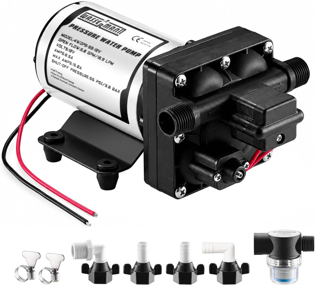 RV Water Pump 12 Volt DC 5.0GPM 55PSI Replacement For 4008-101-A65 Water Pump Self Priming Diaphragm Pump with Pressure Switch for RV Kitchen