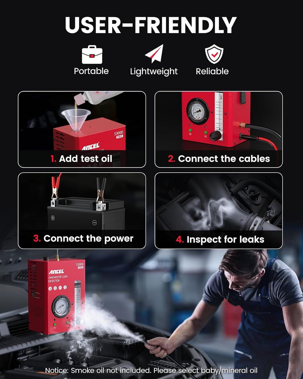 ANCEL S3000 PRO Automotive Smoke Machine with Built-in Air Pump and Pressure Gauge. Professional Vehicle Leak Diagnostic Detector Tools Kit for Leaks