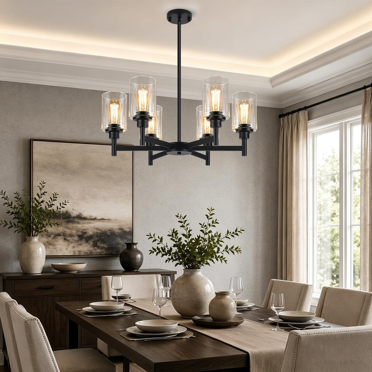 Black Chandelier, 6-Light Dining Room Light Fixtures Over Table