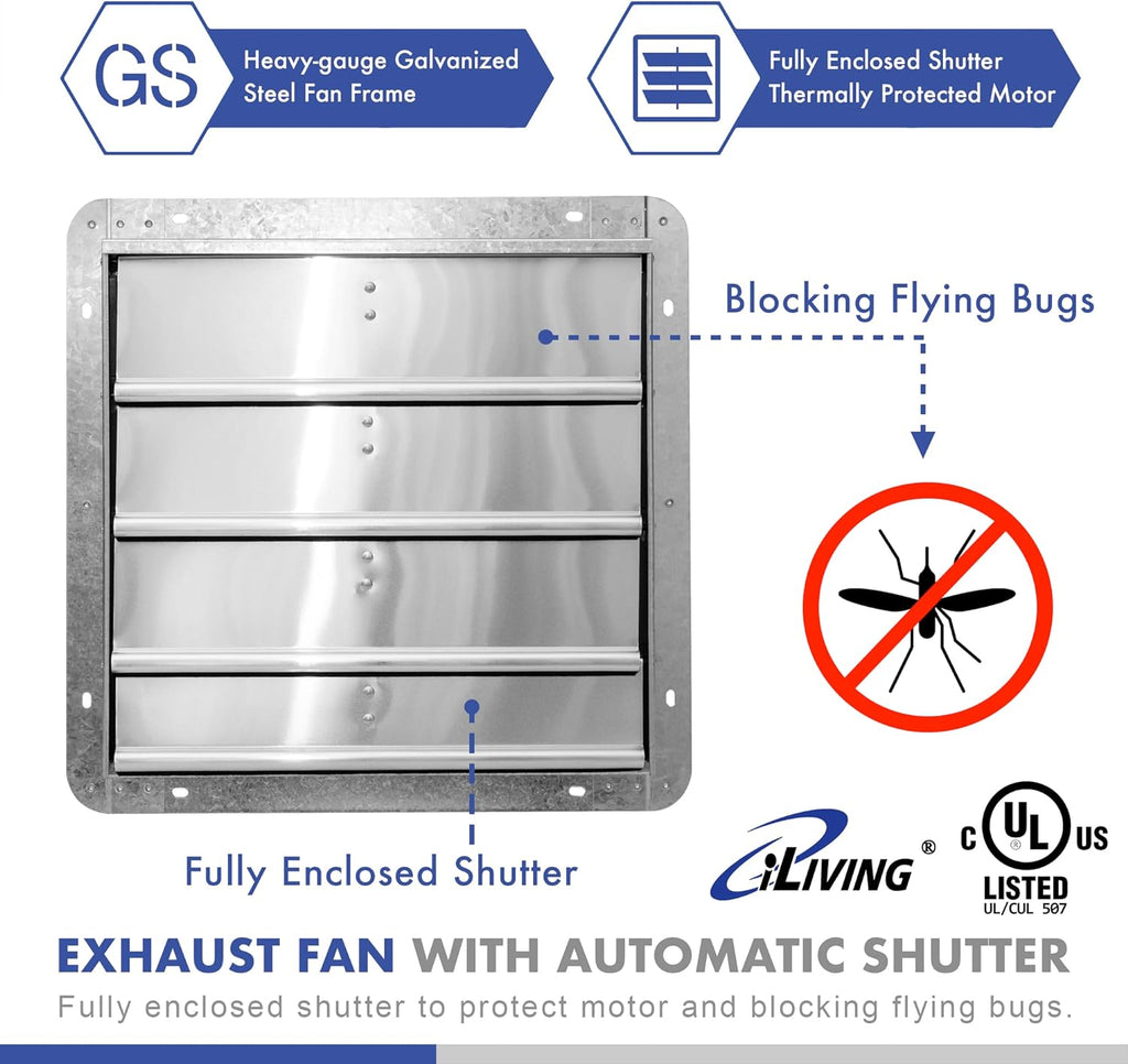 iLIVING 16" Wall Mounted Shutter Exhaust Fan, Automatic Shutter, with Thermostat and Variable Speed controller, 0.85A, 1200 CFM, 1800 SQF Coverage