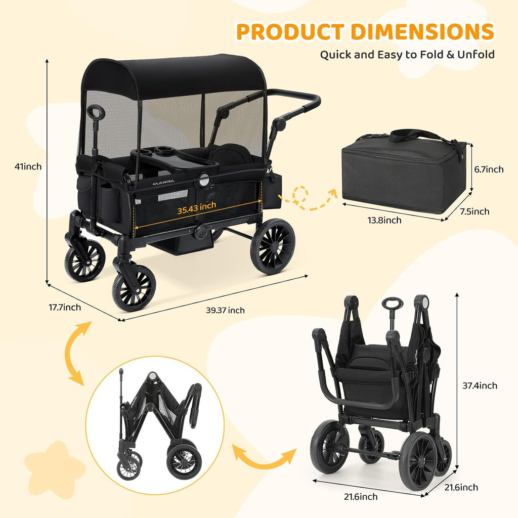 ELEMARA Foldable Wagon Stroller, Stroller Wagon for 2 Kids, Premium All Terrain Wagon for Kids with Removable Canopy, Adjustable Push/Pull Handle