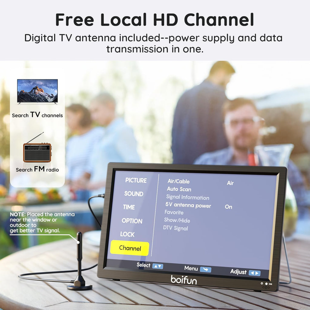 Boifun 15.6" Portable TV with Antenna, DVD Player Built-in, FM Radio, 5000mAh Battery, Support HDMI Input/USB/TF/AV Out and Multiple Disc Formats