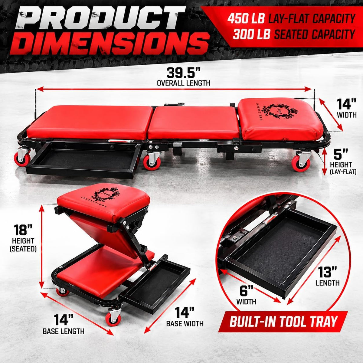 40" Mechanics Creeper Z Fold with Side Tool Tray, 3 in 1 Low Profile