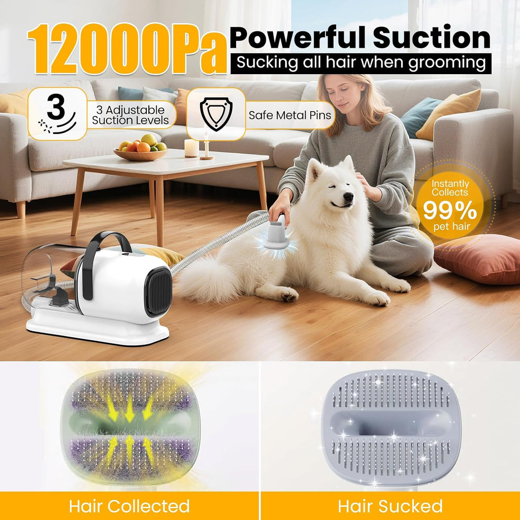Dog Grooming Vacuum, All-in-One Pet Grooming Kit with Hair Clipper & Shedding Brush, Low Noise 12,000Pa Dog Hair Remover Vacuum, Pet Groomer Set with