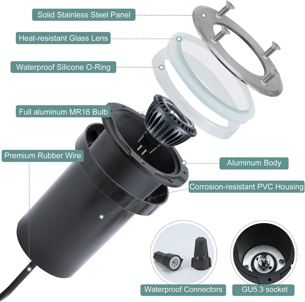 Gardencoin Low Voltage Landscape LED Well Lights, 12V in Ground Lights Outdoor IP67 Waterproof, 5" Tall Wired Landscape Up Lighting, Included