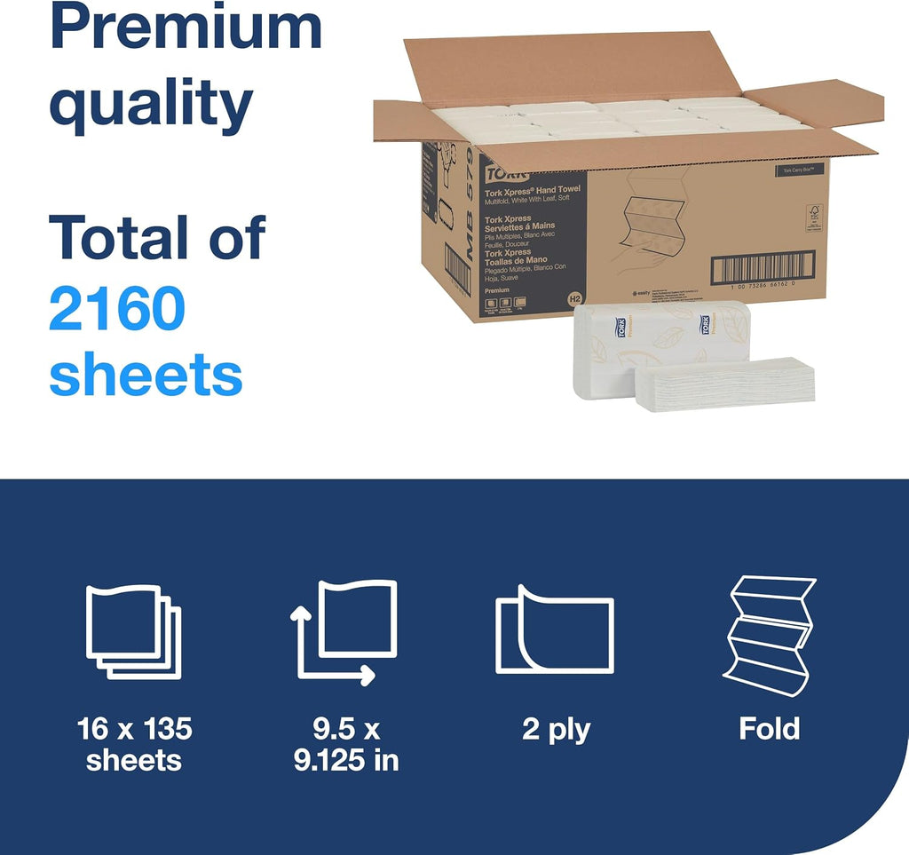 Tork Soft Xpress Multifold Paper Hand Towels, 16 Packs X 135 Towels, MB579