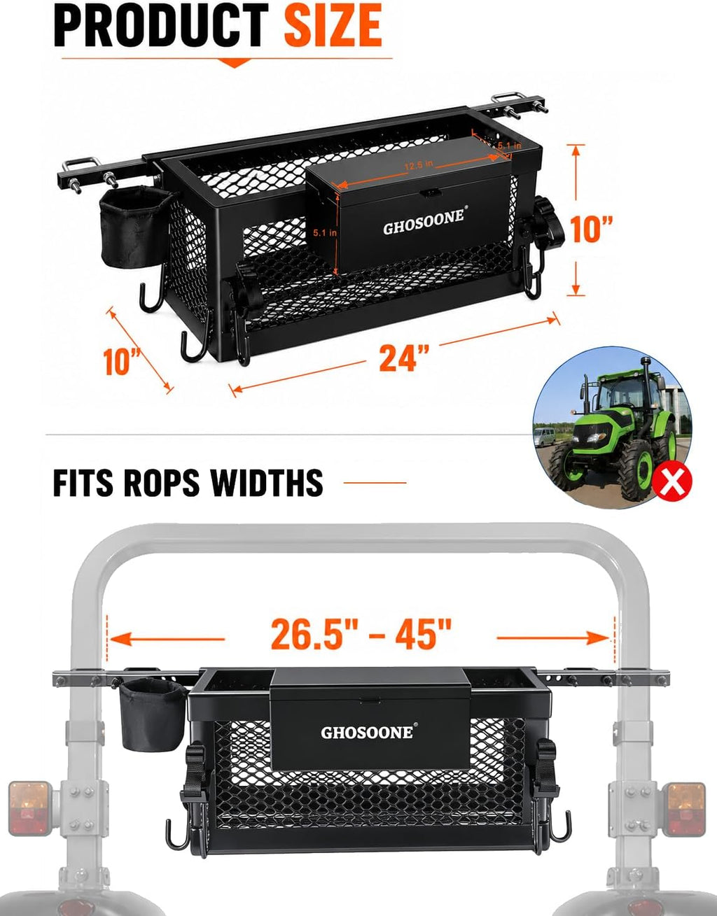 Heavy Duty Tractor Tool Box 24"x10"x10" Multi-Function Tractor Accessories