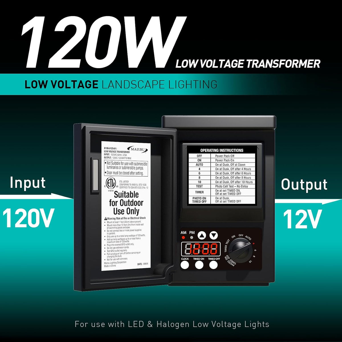 Malibu 120 Watt Power Pack with Sensor and Weather Shield for Low Voltage Landscape Lighting Spotlight Outdoor Transformer 120V Input 12V Output 8100