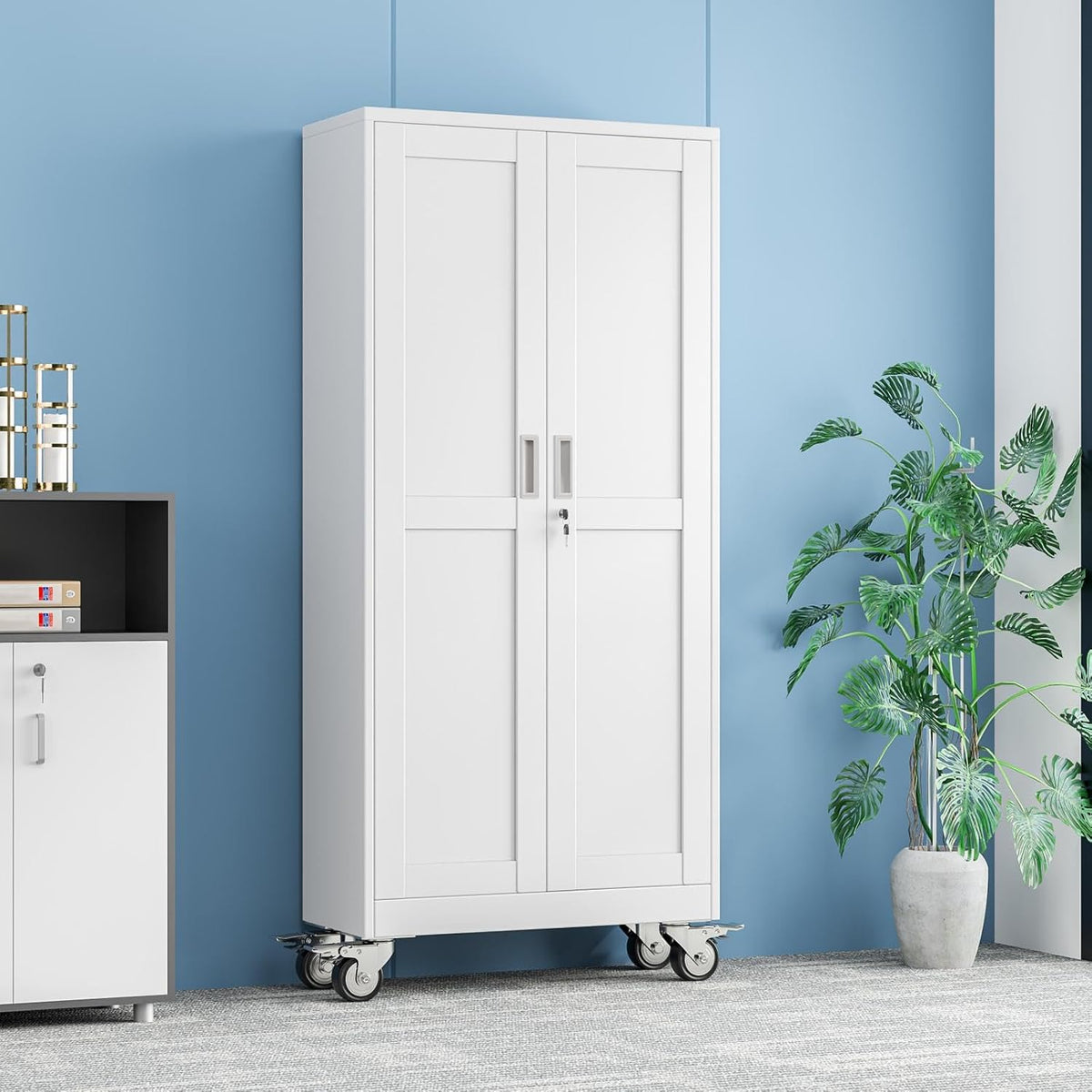 71" Metal Garage Storage Cabinet with Wheels and Locking Doors and Tall Rolling Steel Tool Cabinet with 4 Adjustable Shelves for Garage,Home,Office