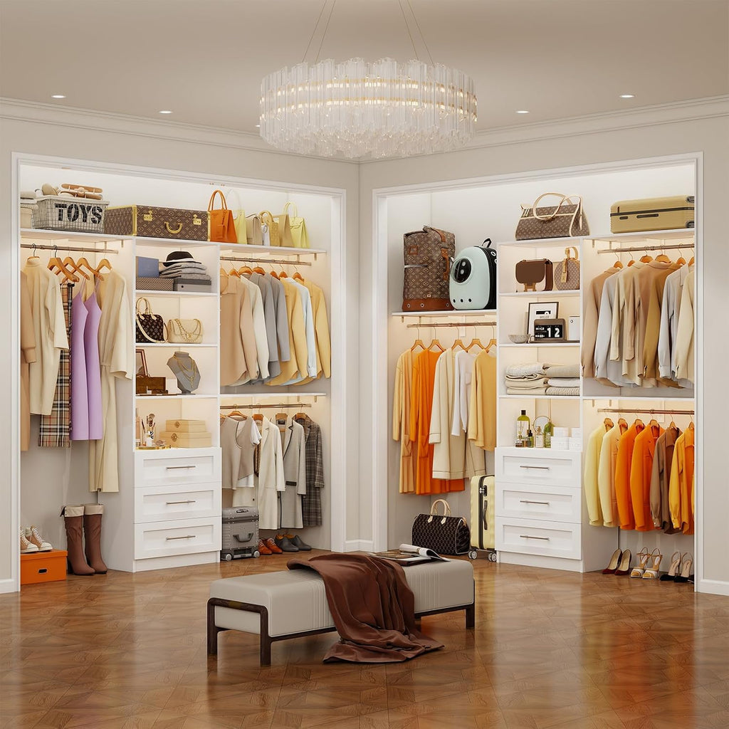Closet System with 3 Wood Drawers, 5-7.61FT Closet Organizer System with Cuttable Shelves for Walk in Closet with 3 Expandable Hanging Rods, Heavy