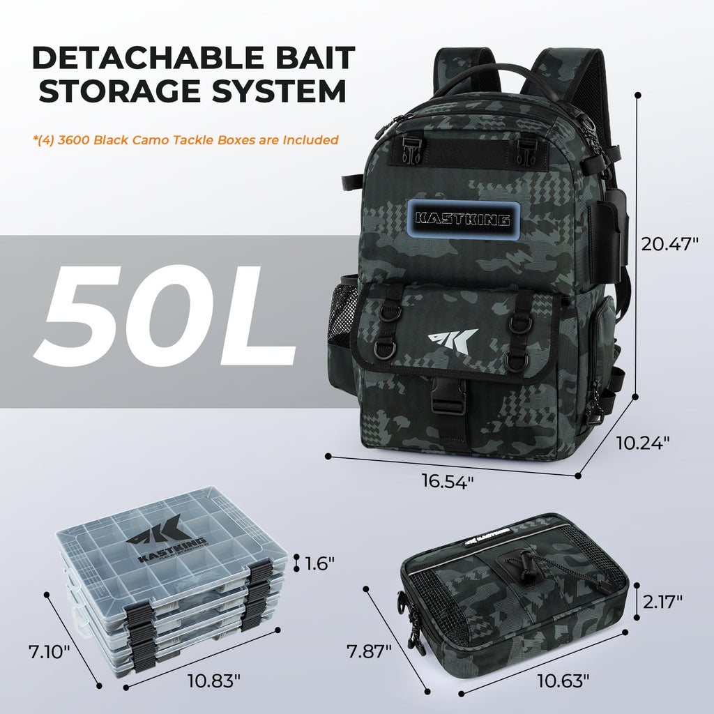 KastKing BaitSpace 50L Fishing Backpack with 4 Tackle Boxes, 2 Rod Holders