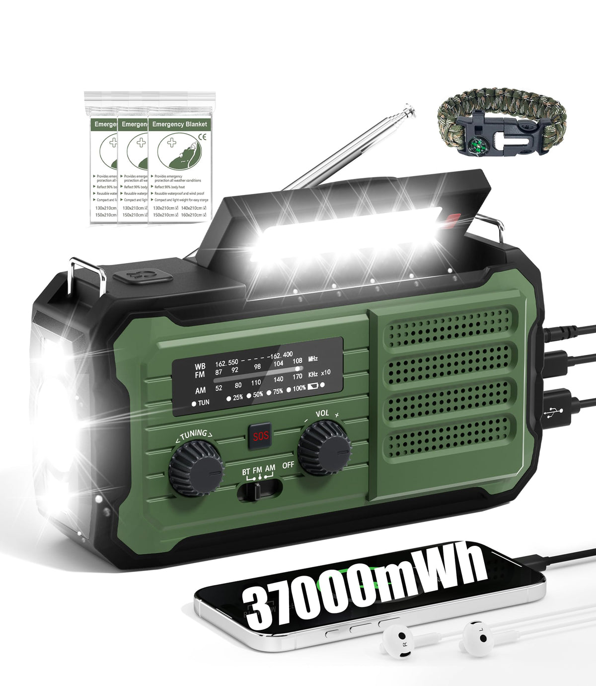 Emergency Radio Hand Crank Solar, 10000mAh/37000mWh Emergency Weather Radio