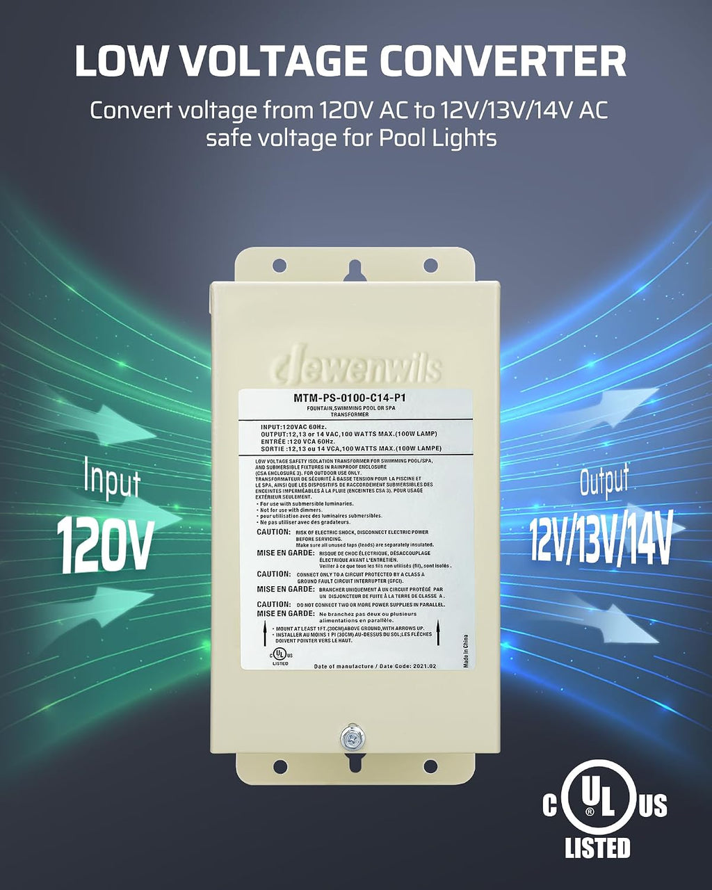 DEWENWILS 100W Pool Light Transformer, 12V/13V/14V