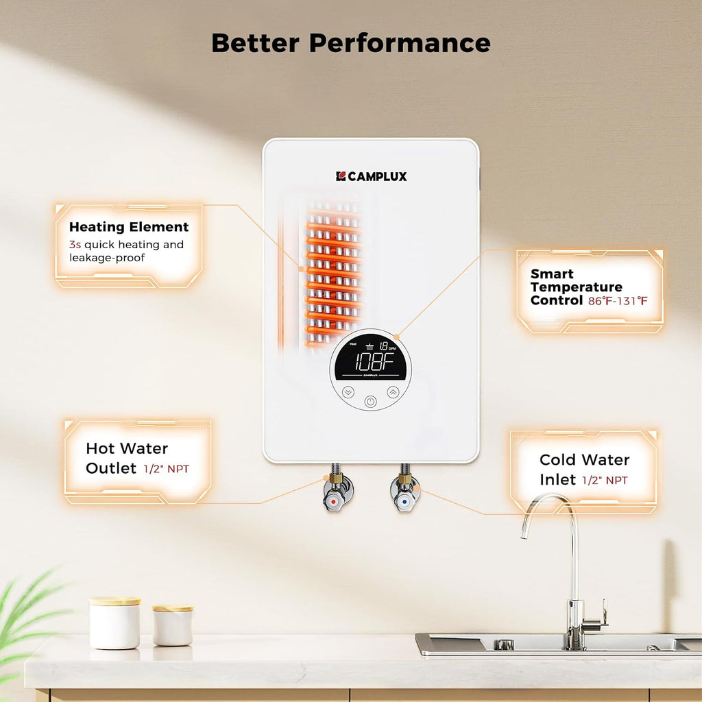 CAMPLUX Tankless Water Heater Electric 120V, 4.5kW Point of Use Instant Hot Water Heater, Save Space for Sink Wall Mounted LED Digital Display CSA