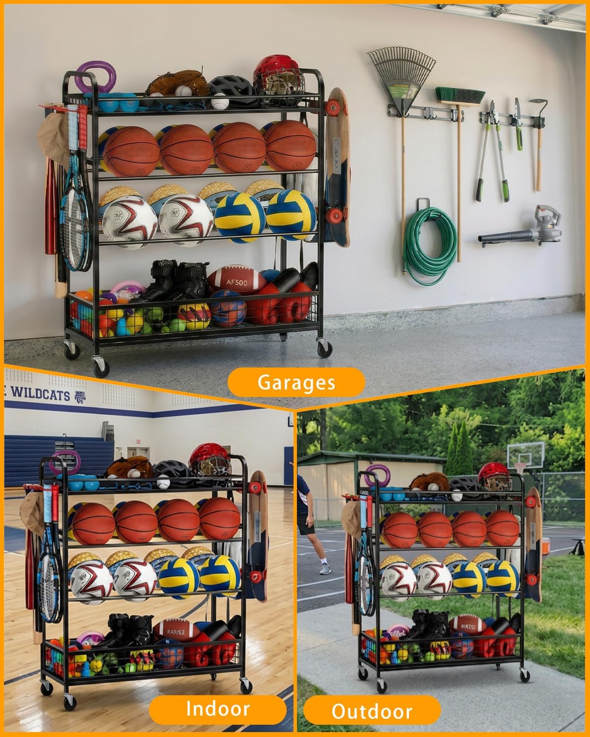Garage Sports Equipment Organizer - Rolling Ball Storage with Wheels