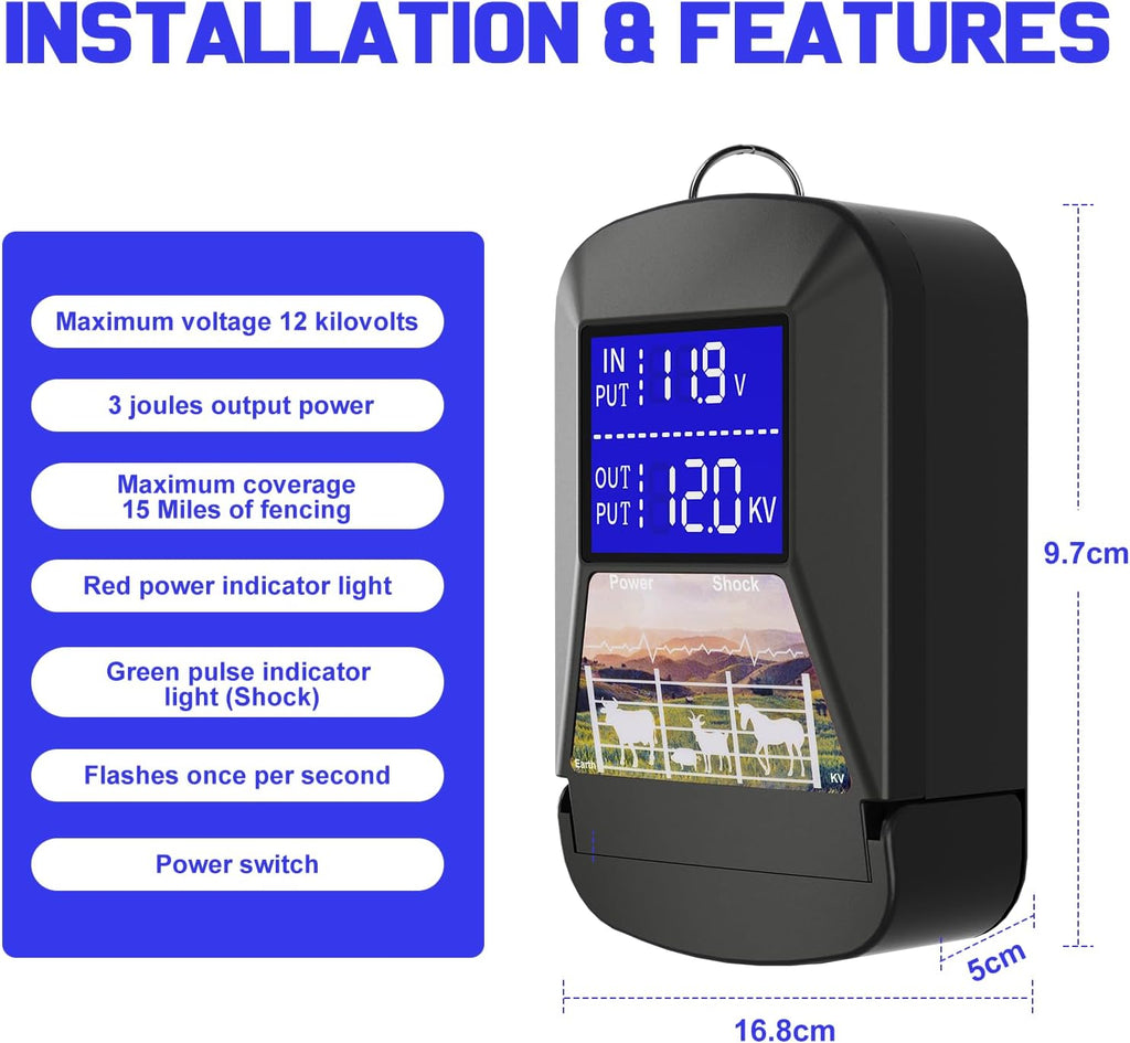 15 Miles 12KV Electric Fence Charger,3J Electric Fencing Kit