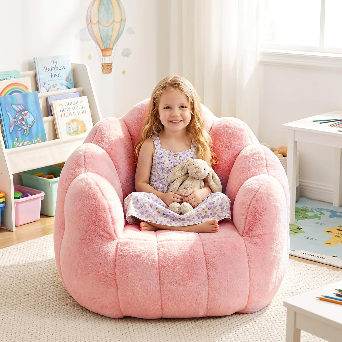 Kids Bean Bag Chair, Comfy Bean Bag Sofa with Handle for Boys Girls, Pink