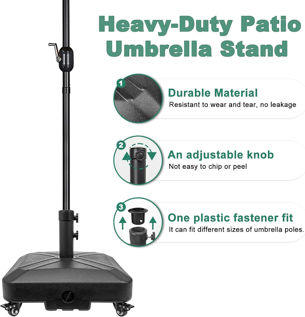 Patio Umbrella Base Heavy Duty with Wheels Square Market Stand for Outdoor 4 Locks 2 Knobs 125lb Capacity, Black