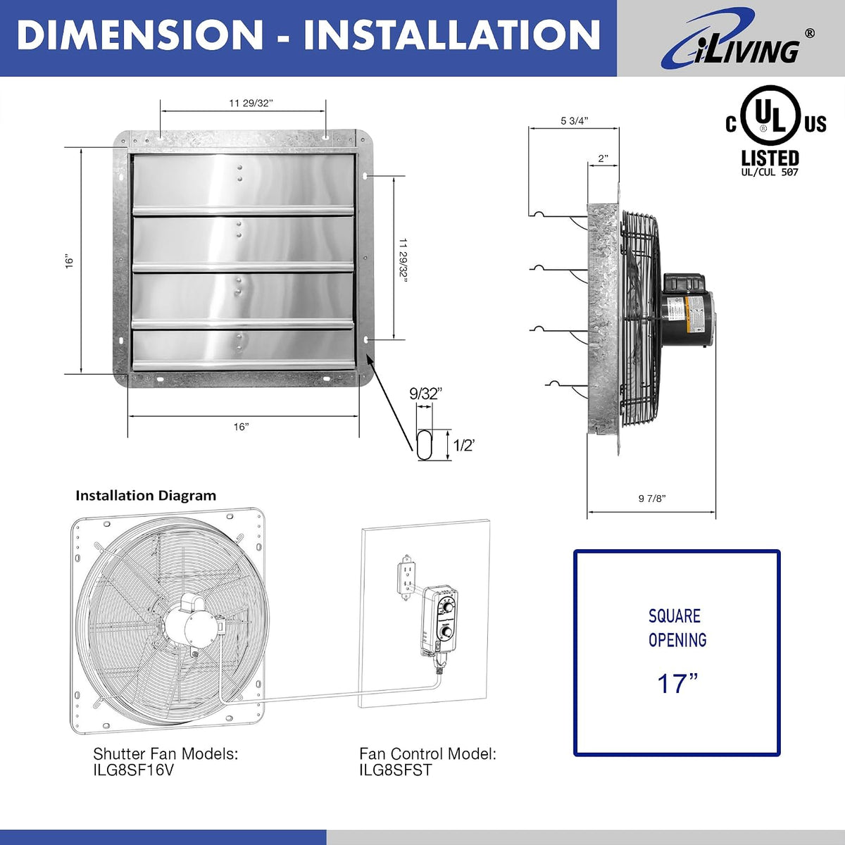 iLIVING 16" Wall Mounted Shutter Exhaust Fan, Automatic Shutter, with Thermostat and Variable Speed controller, 0.85A, 1200 CFM, 1800 SQF Coverage