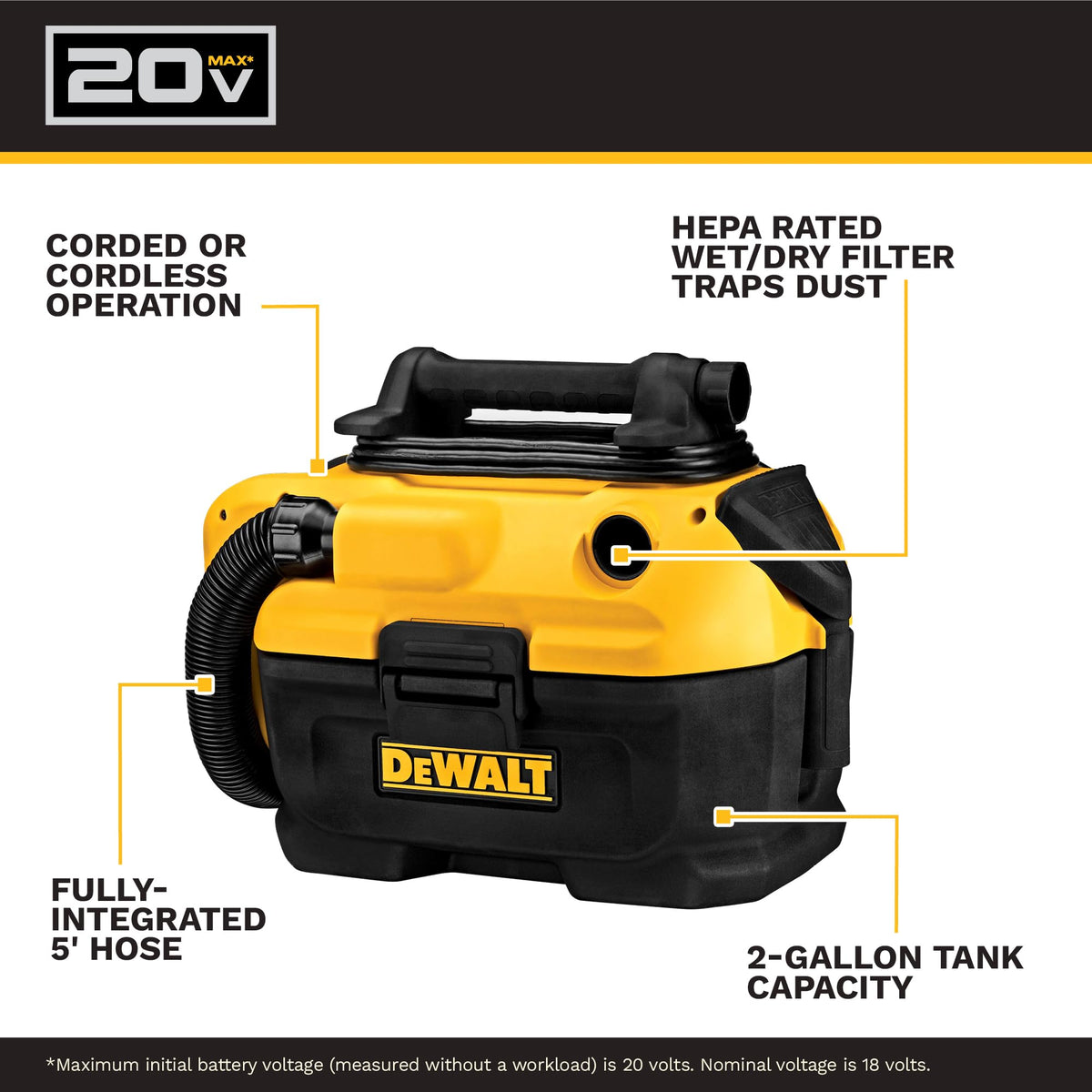 DEWALT 20V MAX Shop Vacuum Wet and Dry, Shop Vac 2 Gallon, Cordless and Corded Wet Dry Vacuum Cleaner, Wide Nozzle, Hepa Filter, Tool Only (DCV581H)