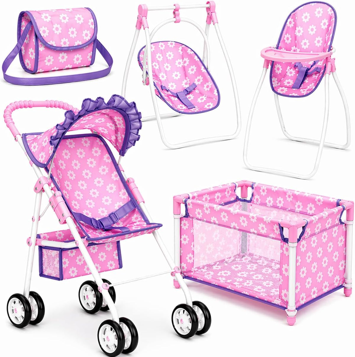 fash n kolor Baby Doll Stroller & Nursery Playset for 18 Inch Dolls – Convertible High Chair, Swing & Bed Doll Furniture Set with Diaper Bag