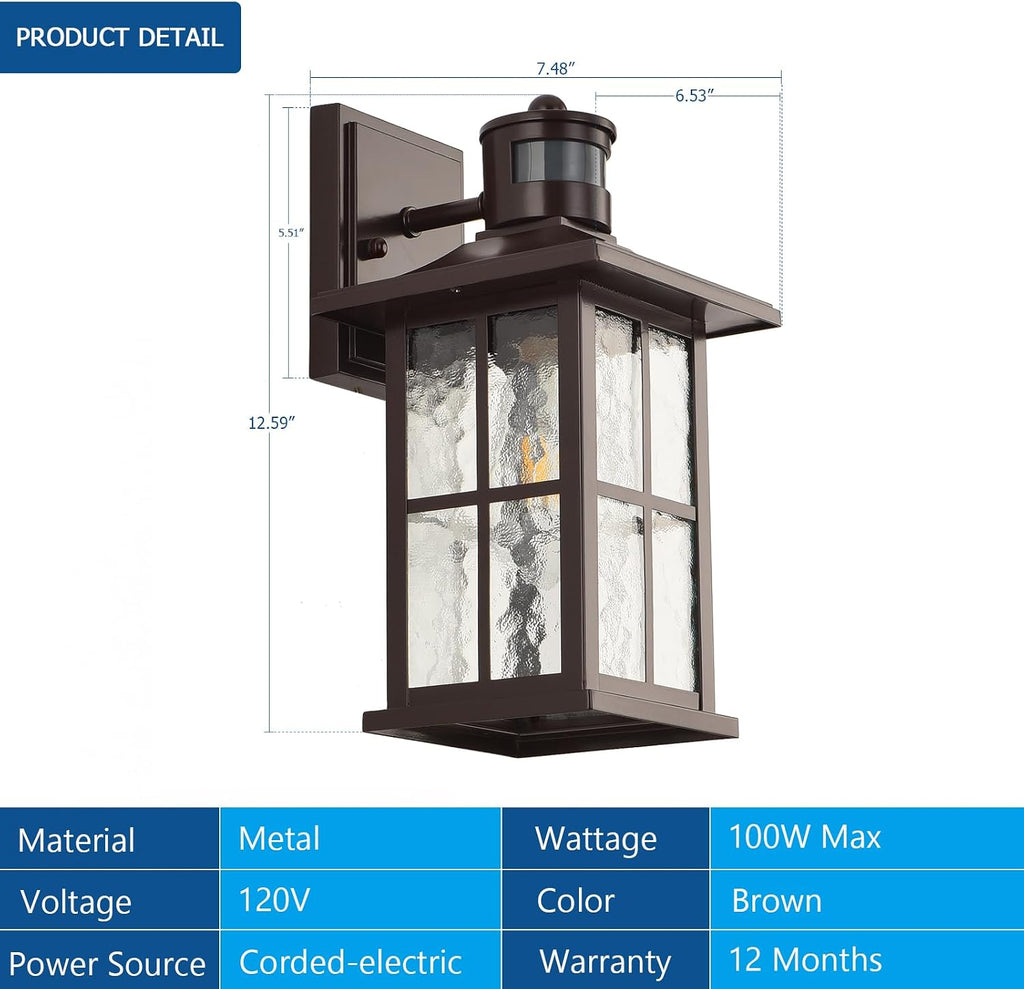 FLEDAVID 2 Pack Motion Sensor Outdoor Wall Lights Dusk to Dawn Exterior Porch Lantern Brown Outside Sconce Lighting Fixtures Rustic Farmhouse Wall