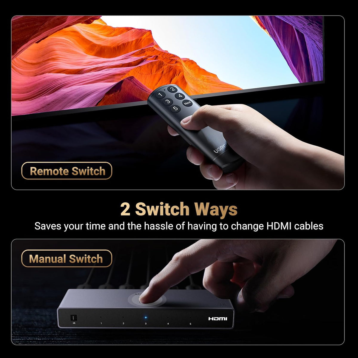 UGREEN 8K@60Hz HDMI Switch 5 in 1 Out, Aluminum, HDR10+, with Remote