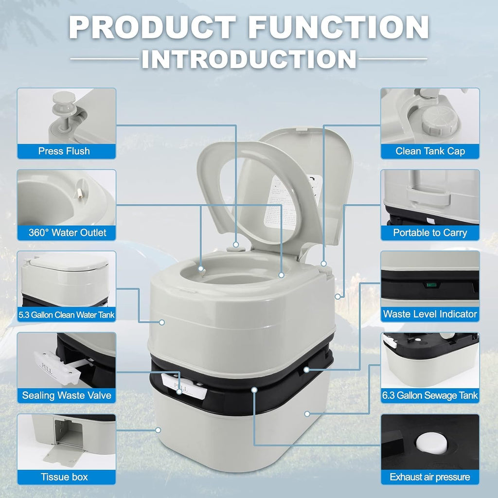Portable Toilet, 6.4 Gallon 24L Piston Pump Flush with Level indicator Detachable Anti-Leak Handle Water Pump,Rotating Spout Indoor & Outdoor Hiking