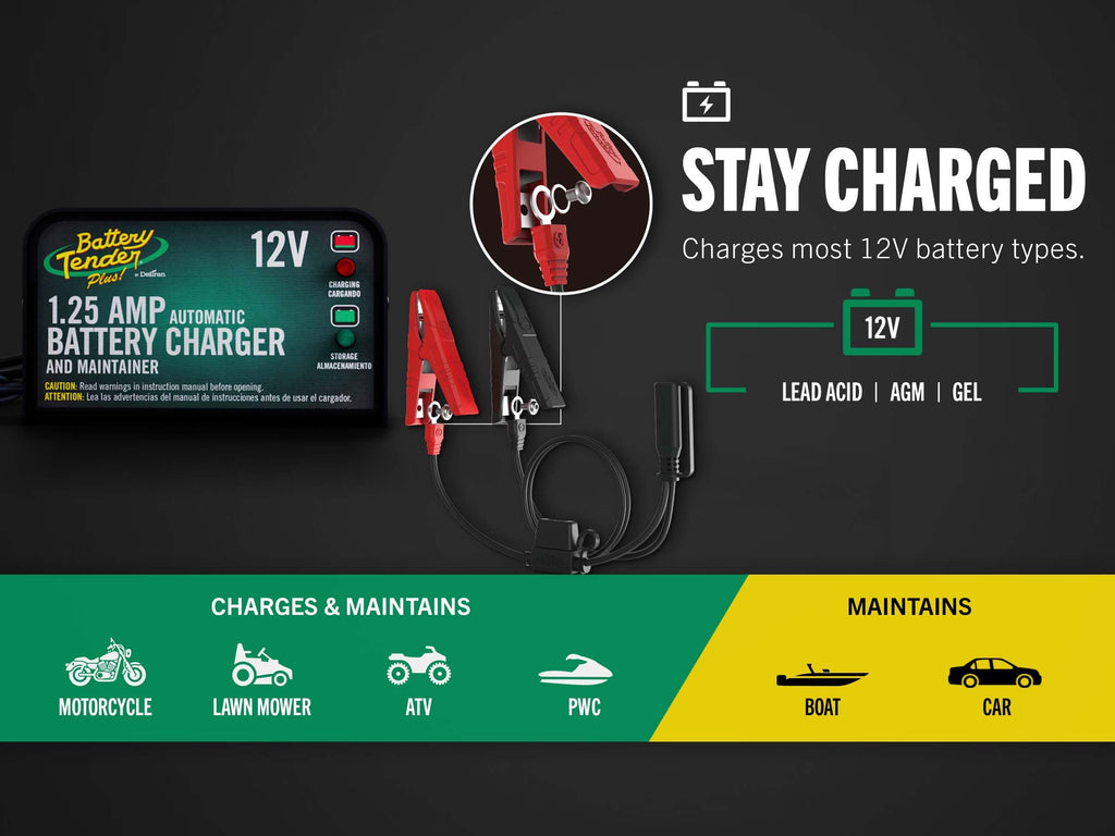 Battery Tender Plus 12V 1.25 AMP Car & Motorcycle Battery Charger and Maintainer, Float Charge for Automotive, and ATVs - Smarter Than a Trickle