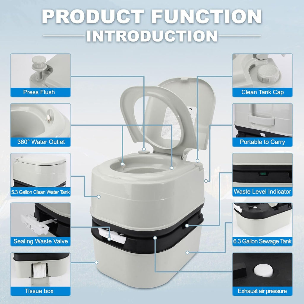 Portable Toilet, 6.4 Gallon 24L Piston Pump Flush with Level indicator Detachable Anti-Leak Handle Water Pump,Rotating Spout Indoor & Outdoor Hiking