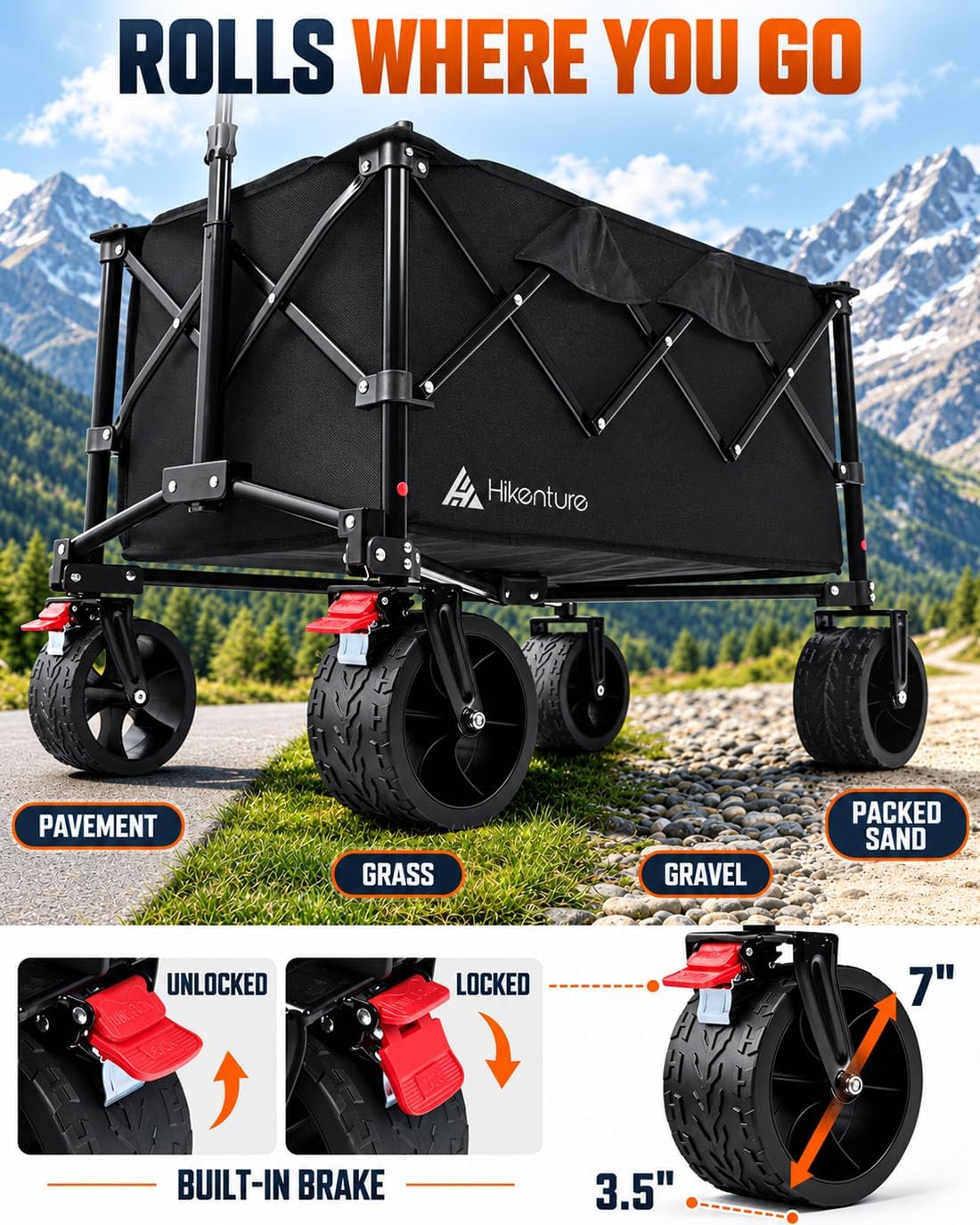 Hikenture Wagons Carts Foldable, 450 LBS Capacity Collapsible Beach Wagon