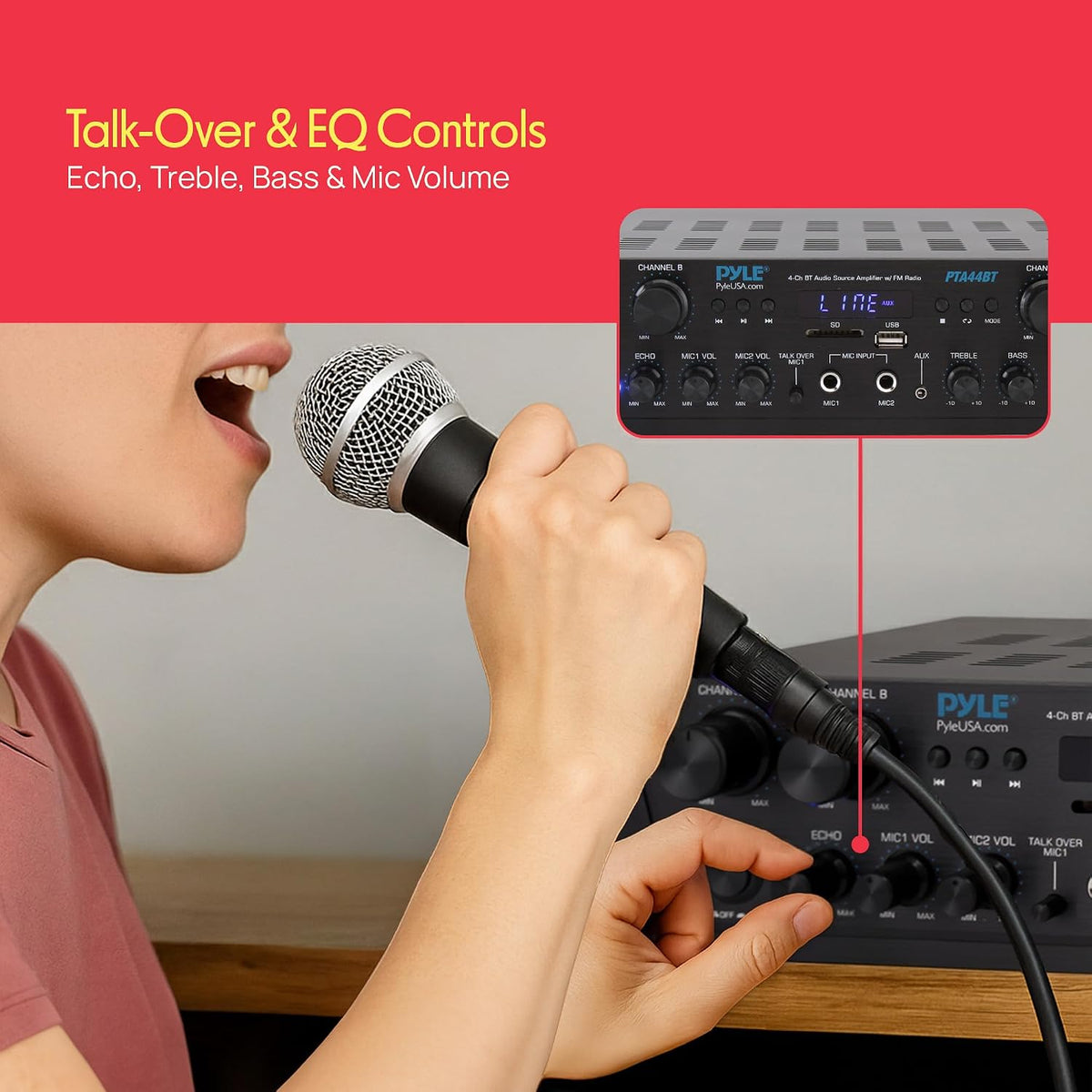 Pyle 4-Channel Audio Amplifier with Bluetooth - Home Stereo Receiver w/ 500W Max Power - Commercial or Karaoke - Dual Mic Input with Echo, Vol, Talk