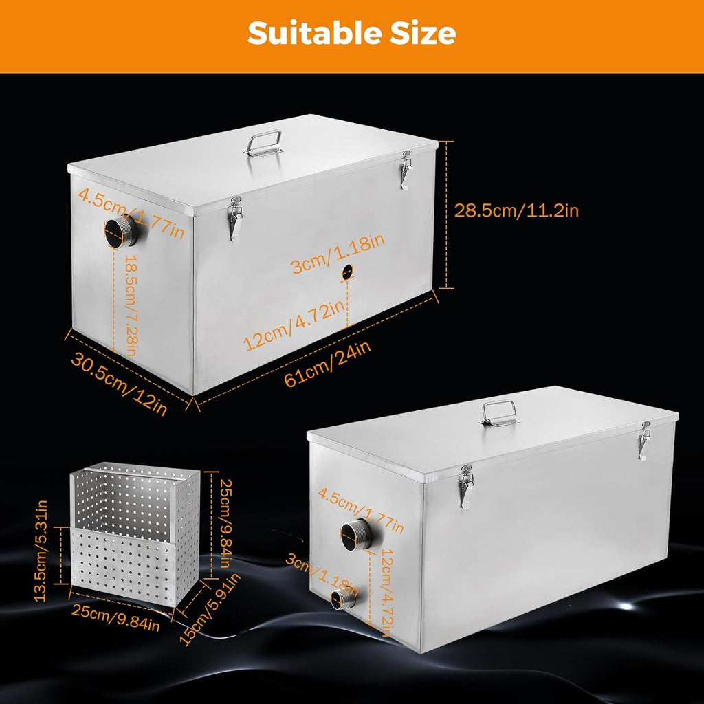 BEAMNOVA Commercial Grease Trap, 25lbs, Stainless Steel, Side Inlet