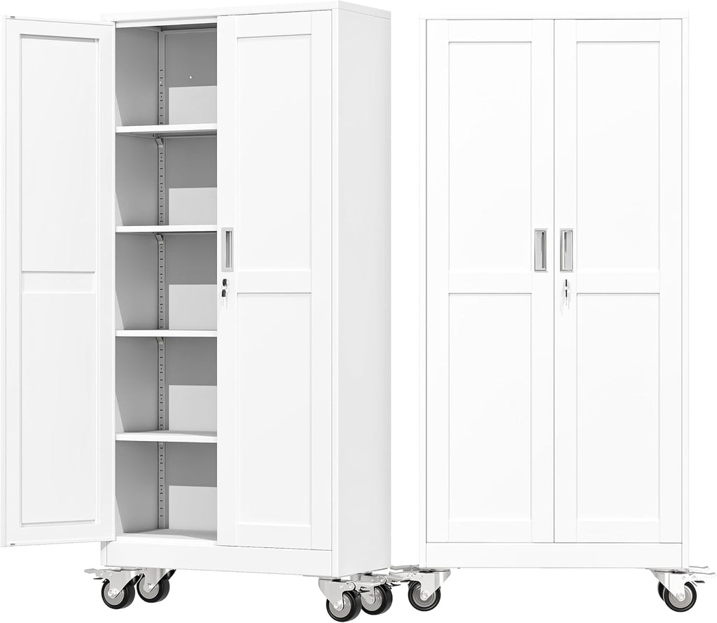 71" Metal Garage Storage Cabinet with Wheels and Locking Doors and Tall Rolling Steel Tool Cabinet with 4 Adjustable Shelves for Garage,Home,Office