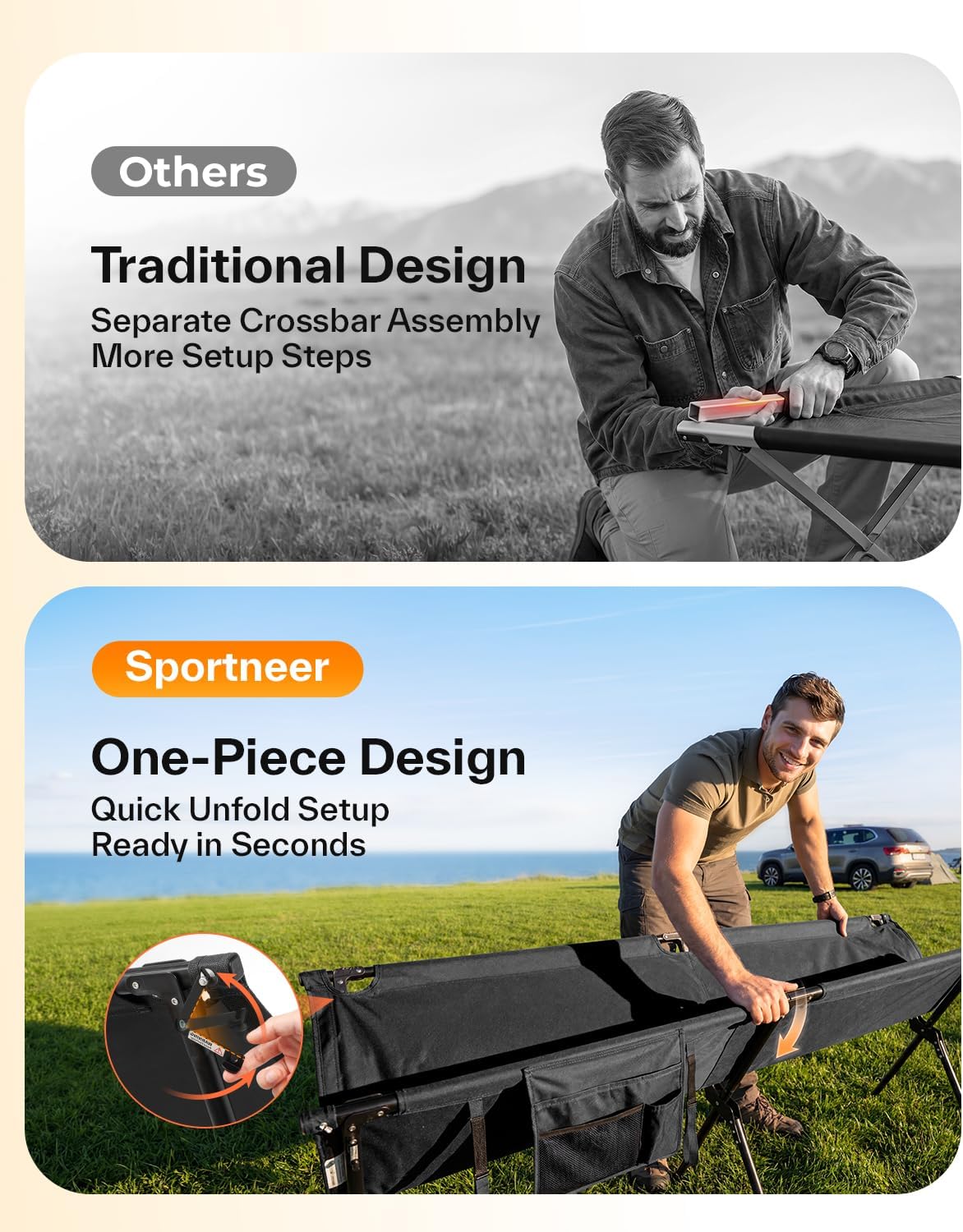 Sportneer Camping Cot: 78.3"x28.7"x14.6" Comfort Cot Bed for Camping Traveling Guest Bed, Sleeping Cots for Adults with Side Pockets & Storage Bag