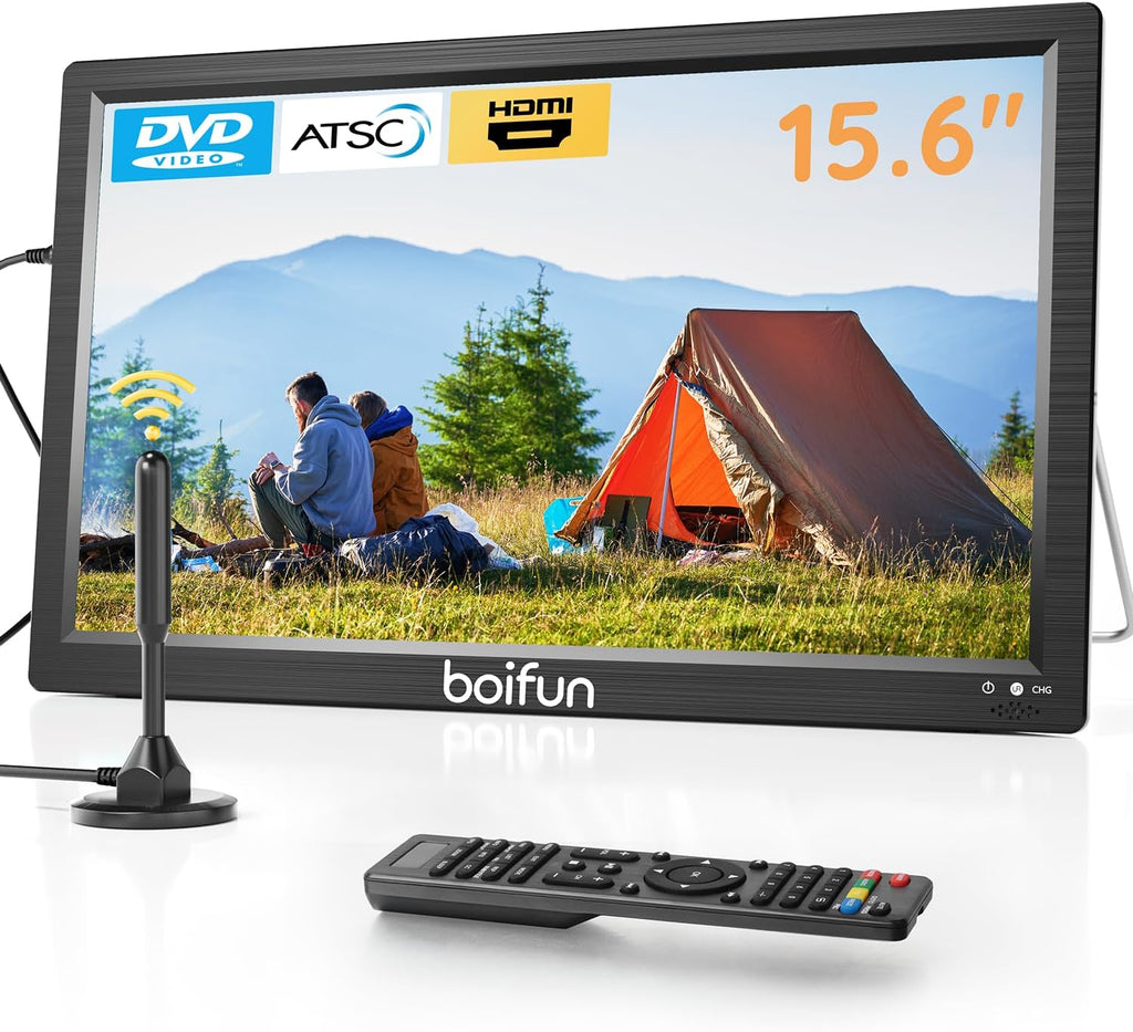Boifun 15.6" Portable TV with Antenna, DVD Player Built-in, FM Radio, 5000mAh Battery, Support HDMI Input/USB/TF/AV Out and Multiple Disc Formats