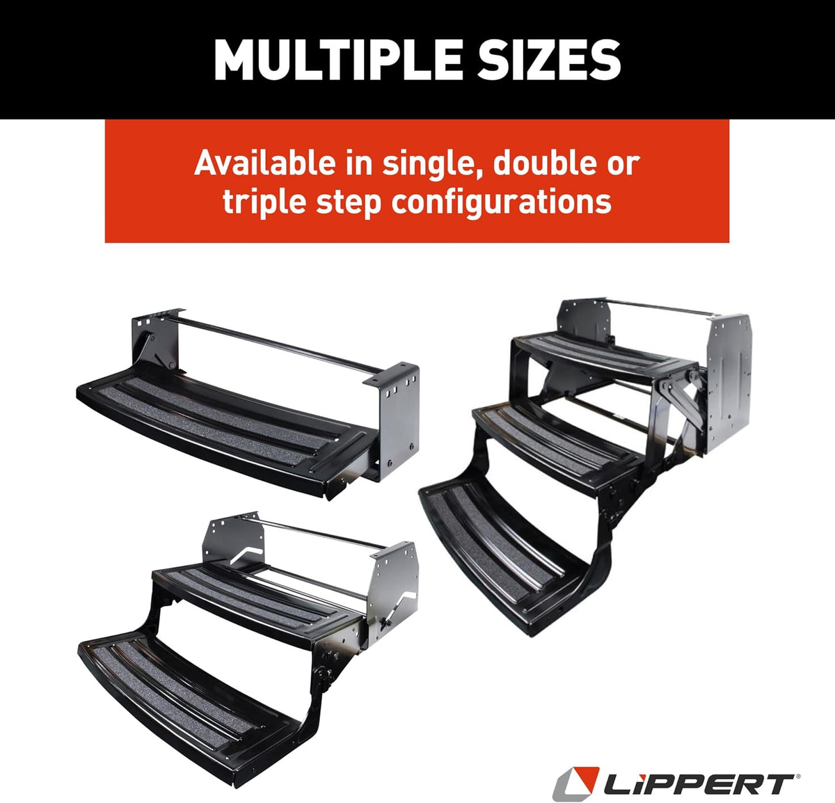 Lippert Radius 24" Double Manual RV Step Assembly, 8" Rise, 300 lbs. Anti-Slip Steps, Compact One-Hand Expand or Collapse, Black Powder Coat, Travel