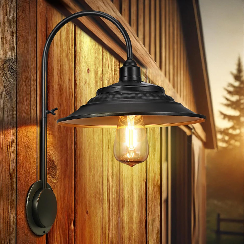 Solar Barn Lights Upgrade, 2PCS Waterproof Wall Light Fixture, Rustic Vintage Metal Gooseneck Solar Wall Mount Lights with Gold Interior, for Outdoor