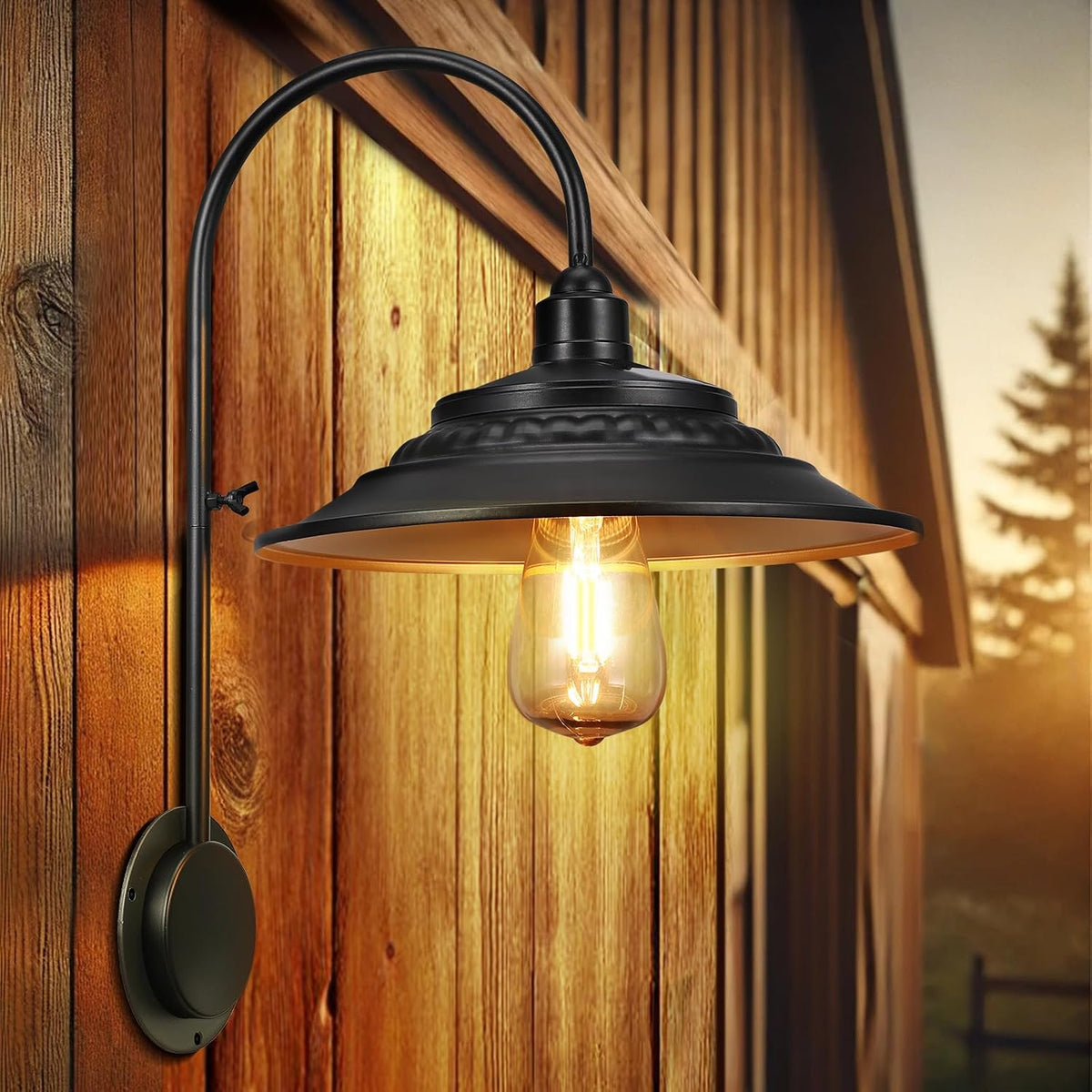 Solar Barn Lights Upgrade, 2PCS Waterproof Wall Light Fixture, Rustic Vintage Metal Gooseneck Solar Wall Mount Lights with Gold Interior, for Outdoor
