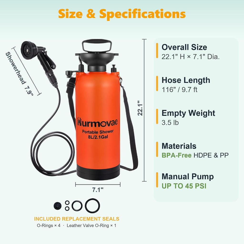 8L/2.1-Gal Portable Shower for Beach & Camping, 10 Spray Patterns