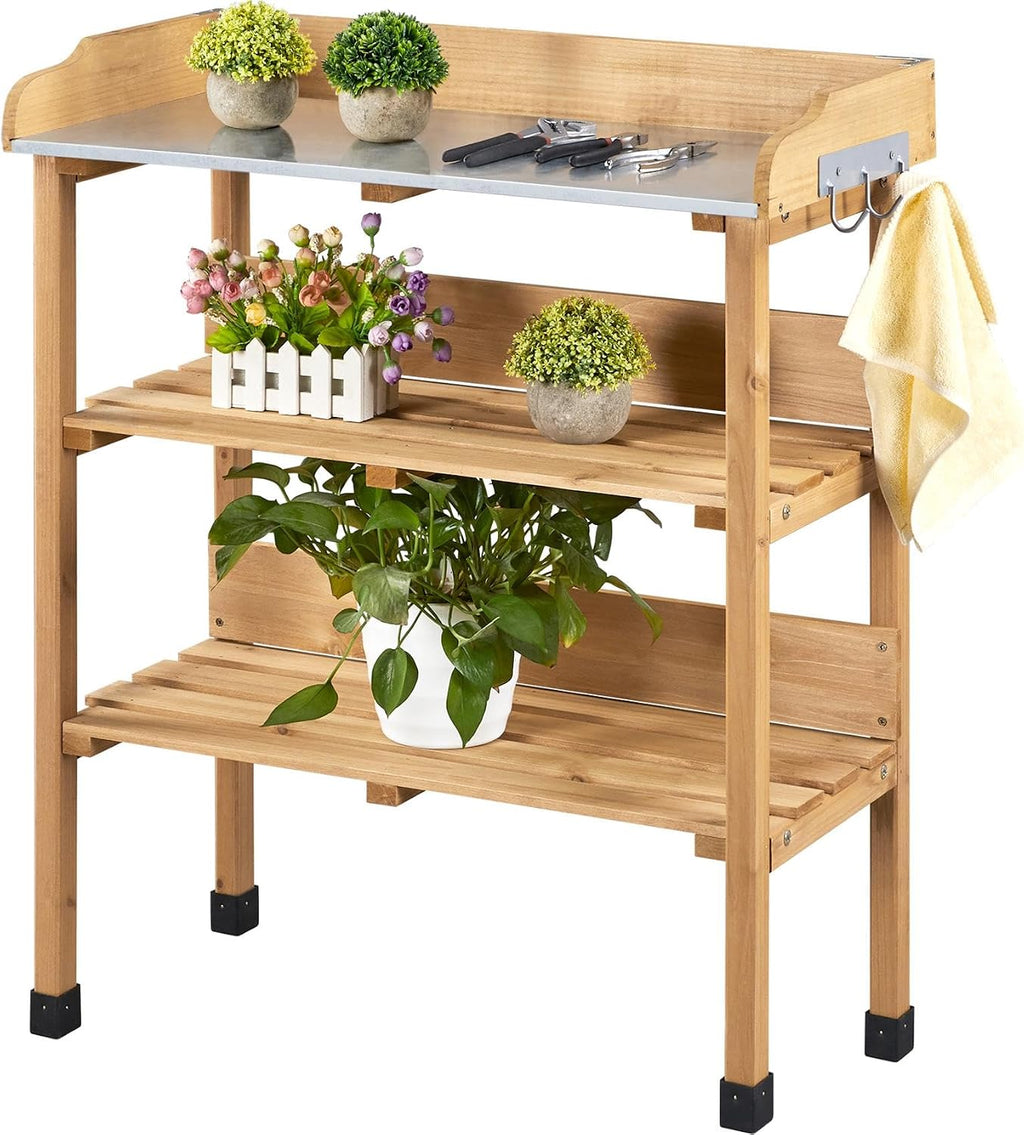 Yaheetech Potting Bench Outdoor Console Table w/3-Tier Storage,Natural Wood